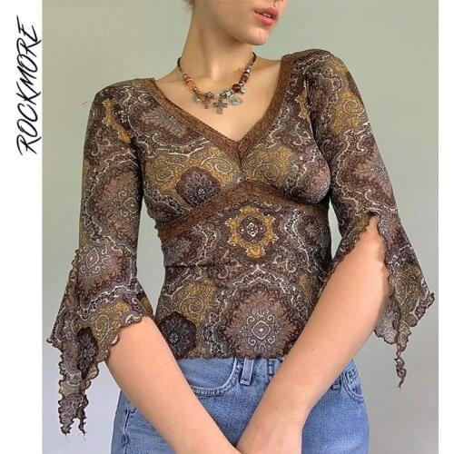 Rockmore Mesh V Neck Crop Top Women y2k Vintage Lace Frill Half Sleeve T Shirt Harajuku Female T-Shirt Streetwear Slim Tees 2021