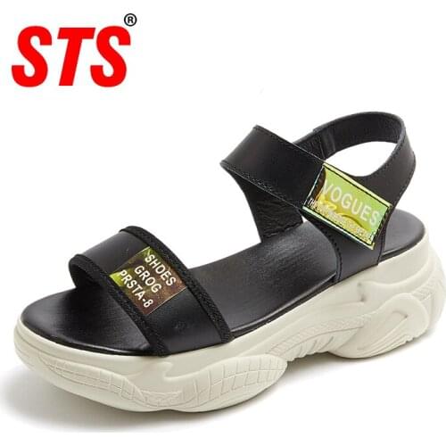 STS Summer Sandals Leather And Thick-Soled Flat-soled Sandals Breathable Women Outdoor Walk Slipper Cushion Sandal Non-Slip Shoe