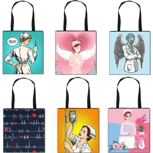 Cartoon Angel Nurse Doctor Print Tote Bag Women Hospital Shoulder Bag Girls Causal Handbags Ladies Beach Shopping Bags Gift