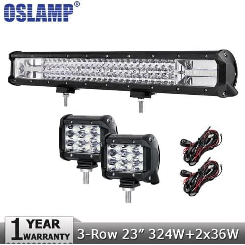 Oslamp 23" 324W 3-row LED Offroad Light Bar Combo Beam+2pcs 36W Spot Flood Led Work Lights 12v 24v Truck SUV ATV 4WD 4x4 Led Bar