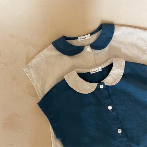 RETRO art style boys' and girls' color matching cotton and hemp top 2021 summer babys sleeveless shirt