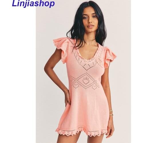 Withered Summer Dress Women Vestidos Indie Folk Bohemian Hollow Out Knitted Ruffles Elastic Sexy V-neck Sheath Mini Dress Women