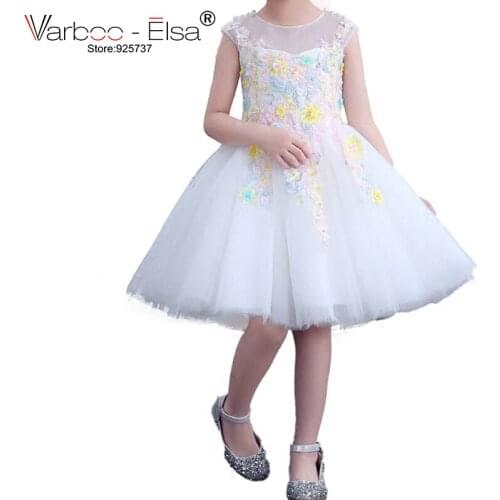 VARBOO_ELSA Little Girl Evening Dress Pink White Tulle Flower Girl Dress Embroidery Appliques Children Gowns vestido de daminha