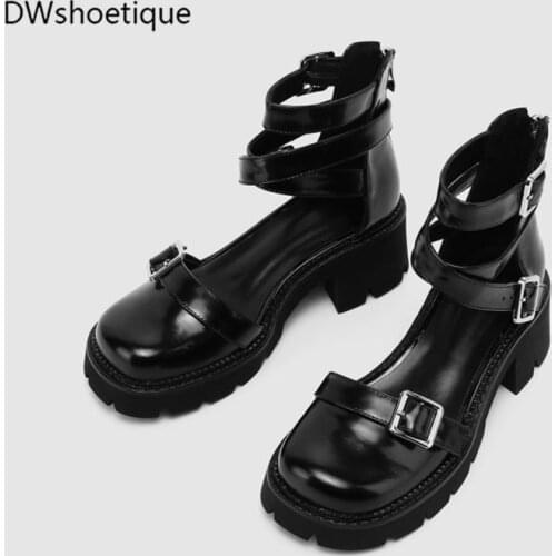 Spring genuine leather women pumps high platform ankle strap women dress shoes