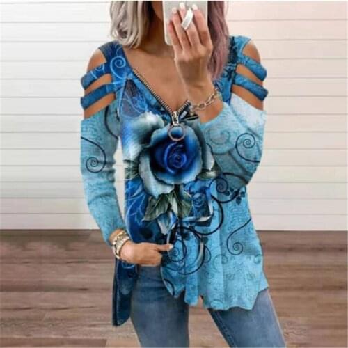 V Neck Zipper Long Sleeve Top Sexy Women Printed Hollow Out T Shirt Fashion Loose Off Shoulder Casual Plus Size Shirts