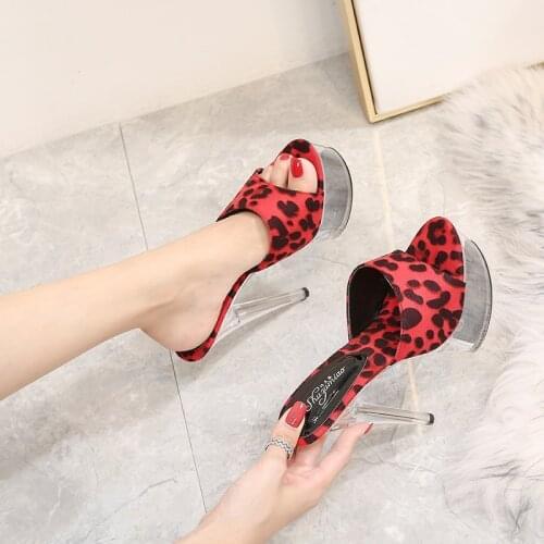 Shoes Woman Platform Sandals Transparent Crystal Leopard Clear Heels 15cm Waterproof Sandals Big Size Female Slippers Women