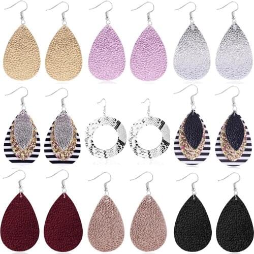2020 New Multilayer Glitter Pu Leather Earrings Zebra-print Water Drop Earrings Fashion Jewelry Women Accessories