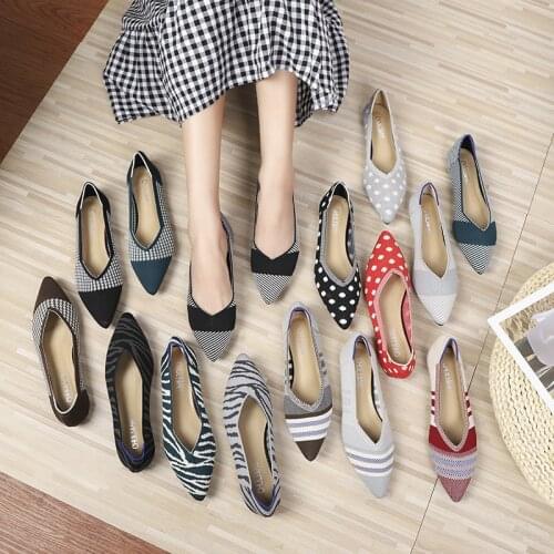 Female Flats Spring and Summer Flying Knitted Pointed Flat Knit Shallow Knit Breathable Shoes
