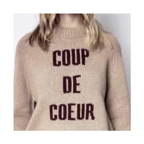 Women Sweater Contrasting Color Intarsia Letter Thick Needle Round Neck Thick Front Short Back Long Cashmere Knit Top Women