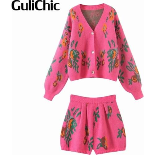 8.21 GuliChic Womens New Vintage Floral Jacquard Sweater Set Loose V-Neck Knit Cardigan And High Waist Wide Leg Short Set