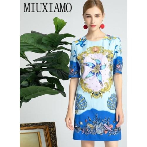 MIUXIMAO 2021 Spring Summer O-Neck Starfish Shells Print Diamonds Short Sleeve Blue Elegant Casual Midi Dress Women Vestidos