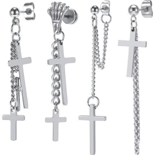 ZS Hip Hop Stud Earrings Stainless Steel Cross Earrings for Men Long Tassel Earring Punk Jewelry Accessories