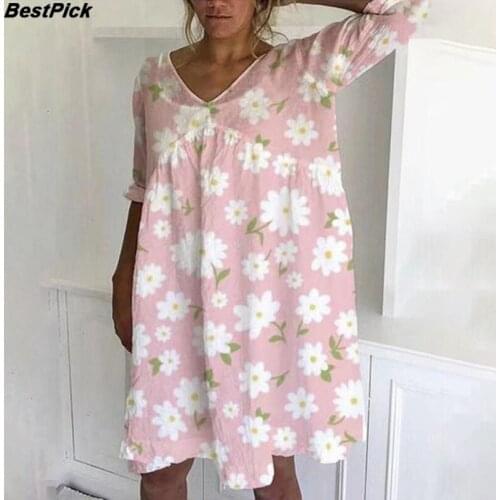 2021 Floral Print Women Summer Dress Vintage V Neck Full Sleeve Casual Cotton Dress Elegant Plus Size Beach Loose Dress Vestido