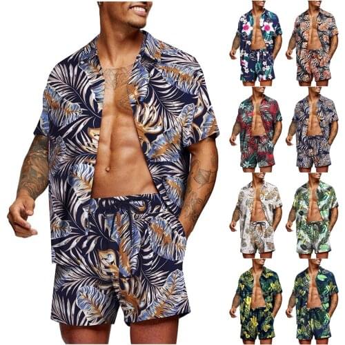 2021 Mens Floral Shirt Hawaiian Suit Casual Buttoned Short Sleeve Shirt Beach Fashion Comfy Seaside Top Shorts Set Dropshipping