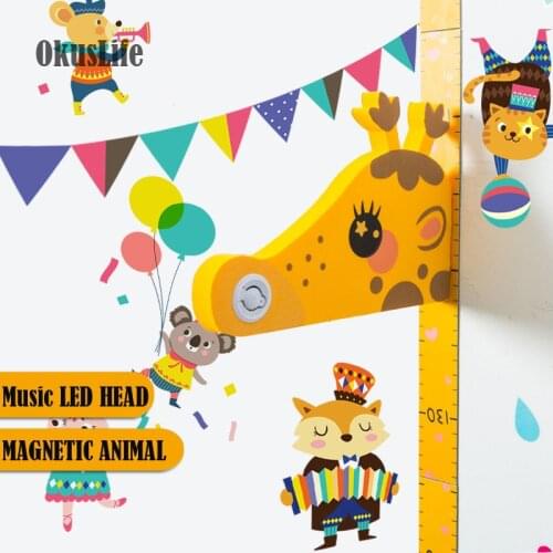 3D Cartoon Music Animal Head With Magnetic Animal Wall Sticker Children Bedroom Decoration Growth Chart Decal Height Measure