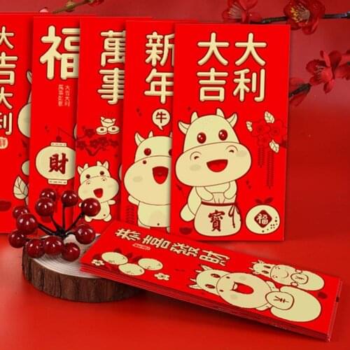 6Pcs 2021 Lucky Money Bag Chinese New Year Cattle Print Cartoon Red Envelopes