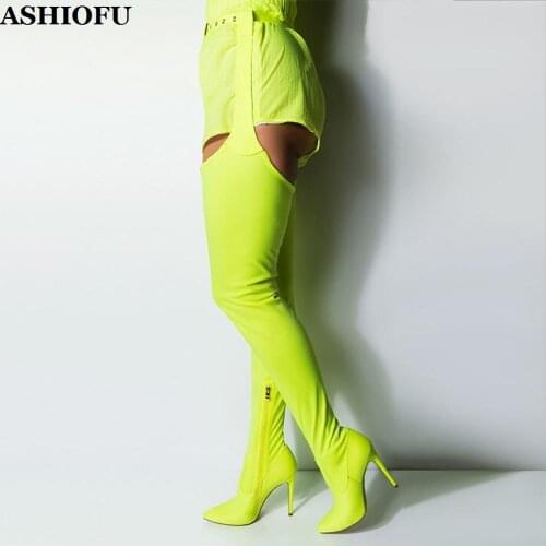 ASHIOFU New Handmade Women High Heel Boots Buckle Waist Over Knee Sexy Club Boots Party Prom Evening Fashion Pants-Boots Shoes