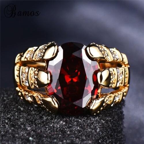 Bamos Female Male Red Cubic Zirconia Ring Size 6-12 For Women&Men Vintage Couple Rings Luxury Yellow Gold Filled Crystal Jewelry