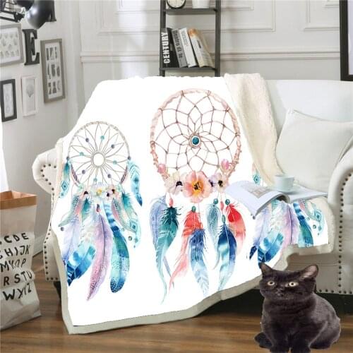 3D Printing Velvet Plush Throw Blanket Hipster Watercolor Sherpa Blanket for Couch Dreamcatcher Feathers Printed Soft Throw