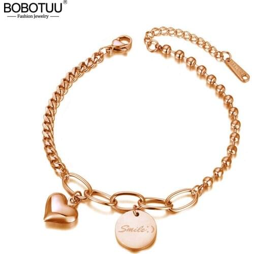 BOBOTUU Fashion Stainless Steel Smile Tag Heart Charm Bracelets For Women Bohemia Rose Gold Chain Link Bracelet Jewelry BB20086
