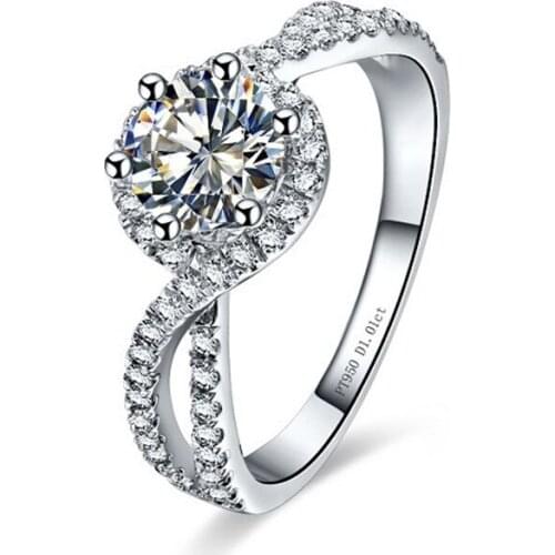 Solid White Gold Twist Wave Setting 1CT Clear Round NSCD Quality Halo Diamond Ring Engagement Women Wedding Classic
