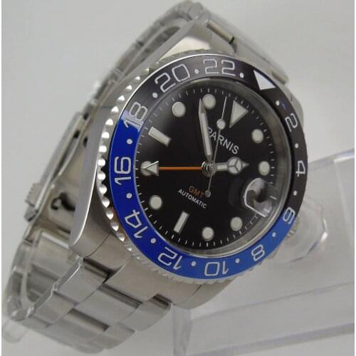 Parnis 40mm black dial date display Stainless strap sapphire GMT Automatic movement mens watch P2