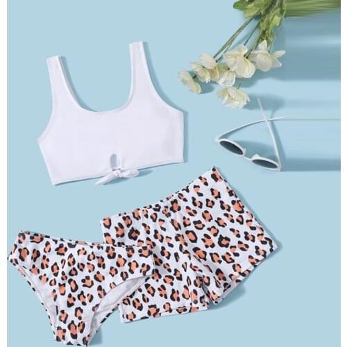 2021 New Kids Swimwear For Girls Summer Cute Criss Cross Fashion Leopard Grainl Print Three-piece Swimsuit Купальник