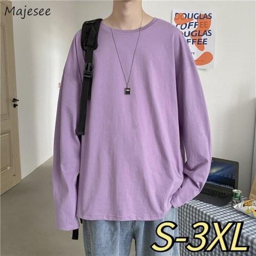 Long Sleeve T-shirts Men Loose Simple Solid Round Neck Couple Basic Plus Size S-3XL Trendy Barajuku BF Korean Style Streetwear