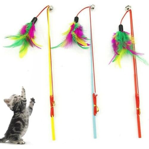 Cat Toys Interactive Funny Multicolor Color Feather Bells Cat Stick for Pet