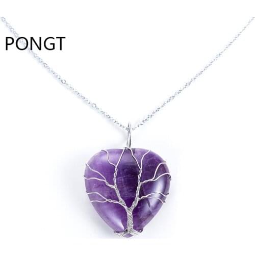 Natural stone Tree of Life Wrapped hearts Shaped crystal pendant & necklace for women healing crystals natural stone pendant