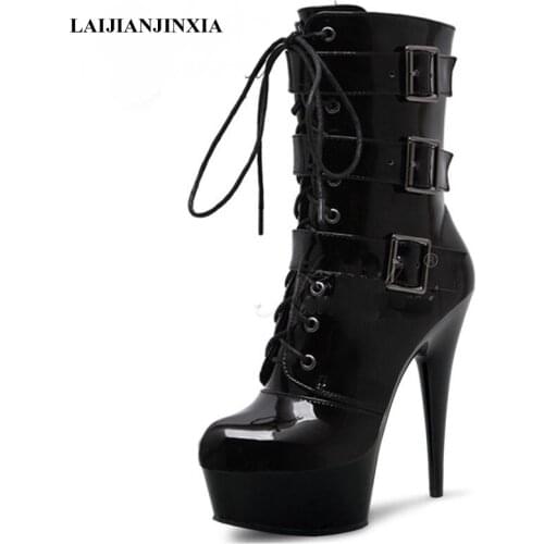 LAIJIANJINXIA New Dance Boots 15 cm High Heels Lace-up Fashion Women Boots Sexy Ankle Boots Party Model Pole Dancing Shoes