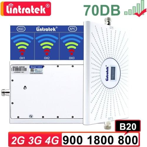 Lintratek 2G 3G 4G Repeater GSM LTE B20 800 900 1800 MHZ Cellular Amplifier Mobile Phone Signal Booster 4G Internet 70dB AGC