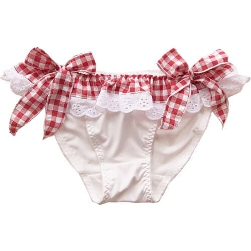 Japanese Sweet Plaid Cute Panties Women Cotton Sexy Underwear Pink Kawaii Lace Up Low Rise Erotic Lingerie Briefs Red White