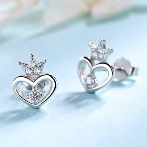 Cute Female Love Heart Stud Earrings 100% Real Sterling Silver Small Earring Charm Crystal Crown Wedding Earrings For Women Gift