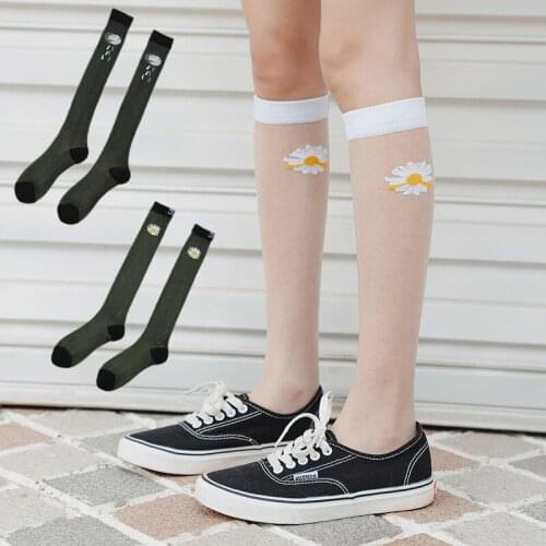 Fashion Korean Style Women Summer Knee Socks Transparent Socks Women Harajuku Long Thin Socks For Girls Breathable Daisy Socks