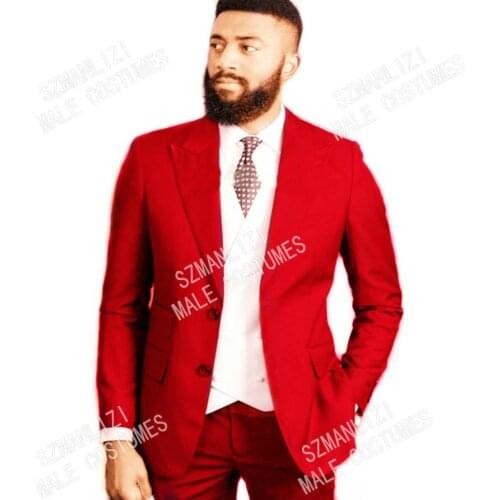 Costume Homme Business Red Prom Men Suits for Wedding 3 Piece Slim Fit Groom Tuxedo African Male Fashion Costume Jacket Pants