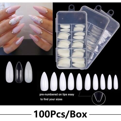 100Pcs/Box Press on nails Long Stiletto False Nails Tips Full Cover Almond False Nails Acrylic Manicure DIY Fake Nails Art