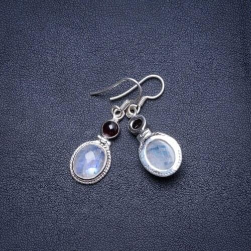 Natural Rainbow Moonstone and Amethyst Handmade Unique 925 Sterling Silver Earrings 1.5" X4759