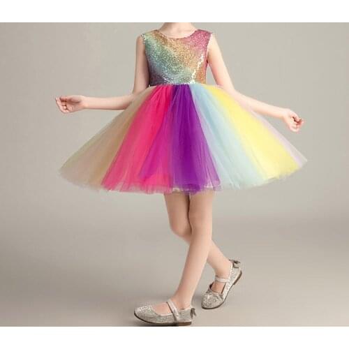 Adorable Rainbow Color Kids Dresses Pretty Princess Dresses For Girls Stage Show Skirt Party Dress Up High Fashion