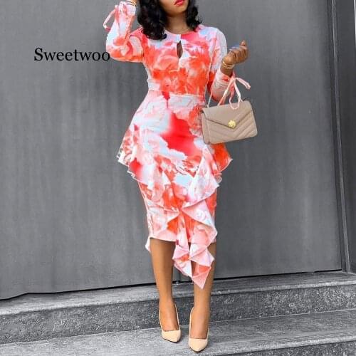 Round Neck Boho Floral Printed Dress Slim 2020 Spring Sexy Cut Out Ruffles Dresses Women Party Office Vestidos XXL