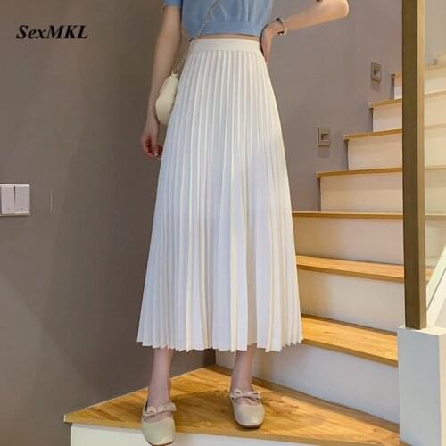 Pleated Midi Skirt Elastic High Waist 2021 Fashion Summer Slim Long Casual Korean Clothes Women Skirts Maxi Black Skirt Jupe