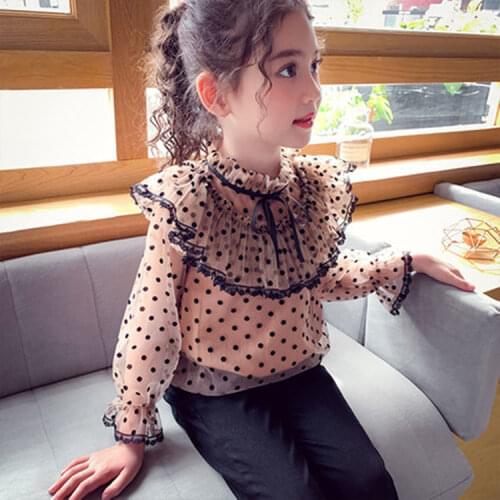 2021 Summer Spring Girls Shirts Tops Kids Fashion Puff Long Sleeve Shirts Dot Print Casual Blouse Children Clothes for Girls J20