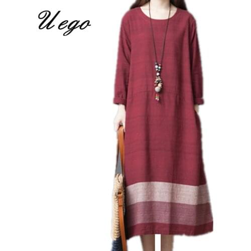 Uego Cotton Linen Fashion Printing Striped Dress Plus Size Long Sleeve Spring Dress 2021 New Women Casual Midi Dress Vestidos