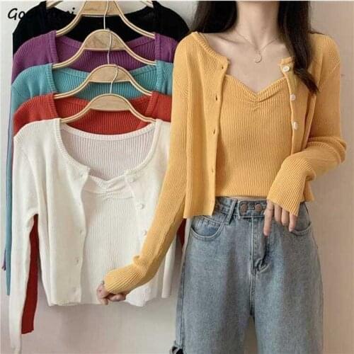 Cropped Cardigans Women Colorful Slim Lovely Solid Single Breasted Knitting Outerwear Chic Lady Female Sweater Korean Style Ins