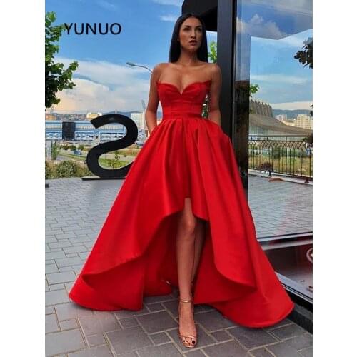 YUNUO Womens Sweetheart High Low Prom Dresses Sweetheart Satin Evening Formal Gowns with Pockets Prom Graduation Dress Red