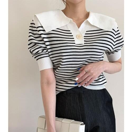 Korean Chic Turn Down Collar T-Shirt Women Knitwear Striped Puff Short Sleeve Shirts Female Jumpers Casual Elegant Knitted Tops