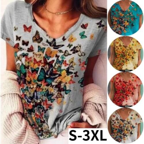 Kuelawear Womens T-shirt Butterfly Print V-neck Short Sleeve Summer Womens Pullover Regular Sleeve Top Ladies Casual Cotton Top