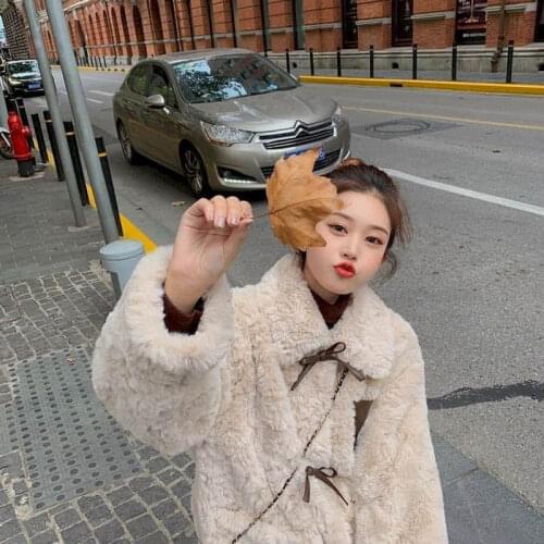 Imitation rabbit plush fur winter 2021 thick loose Korean Bowknot Buttons bow short lamb furry jacket female Kawaii High Street
