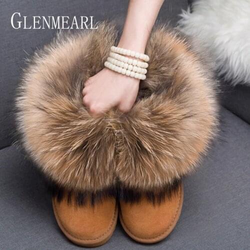 Women Boots Genuine Leather Real Fox Fur Brand Winter Shoes Warm Black Round Toe Ankle Plus Size Female Snow Boots DE