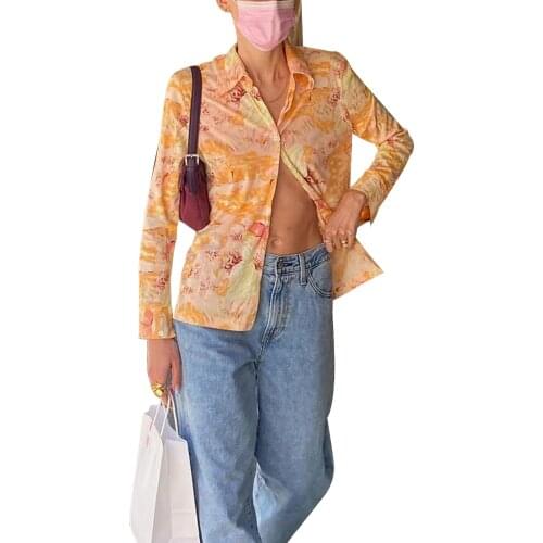 Women Casual Button Down Shirts Vintage Printed Long Sleeve Lapel V Neck Slim Fit Tops